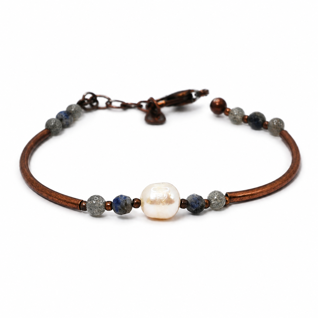 Pearl, blue quartz, and labradorite copper bracelet