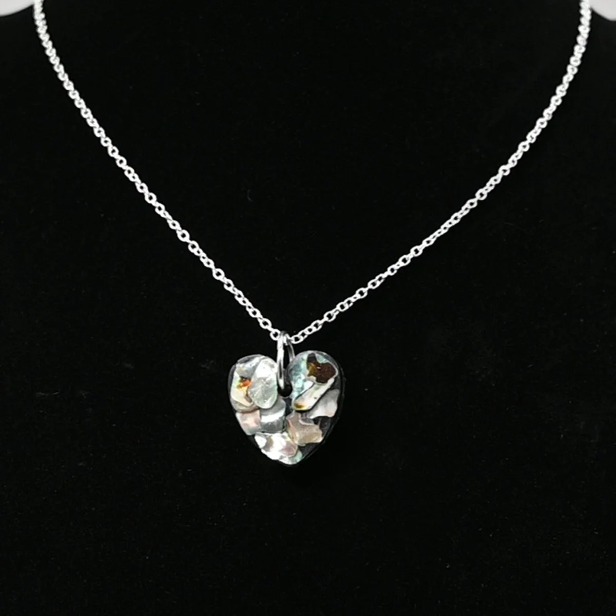 Abalone shell resin heart necklace, chain 20", sterling silver plated