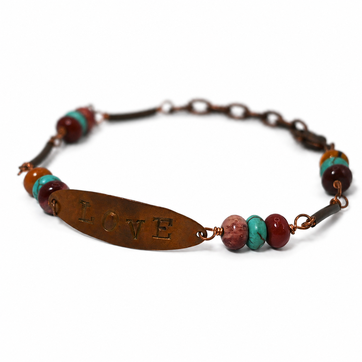 Hand-stamped copper, jasper and turquoise bracelet 7.25+ inches