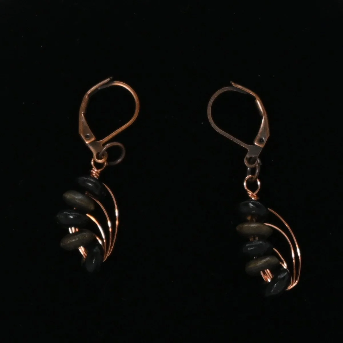 Wooden bead and copper wire-woven earrings