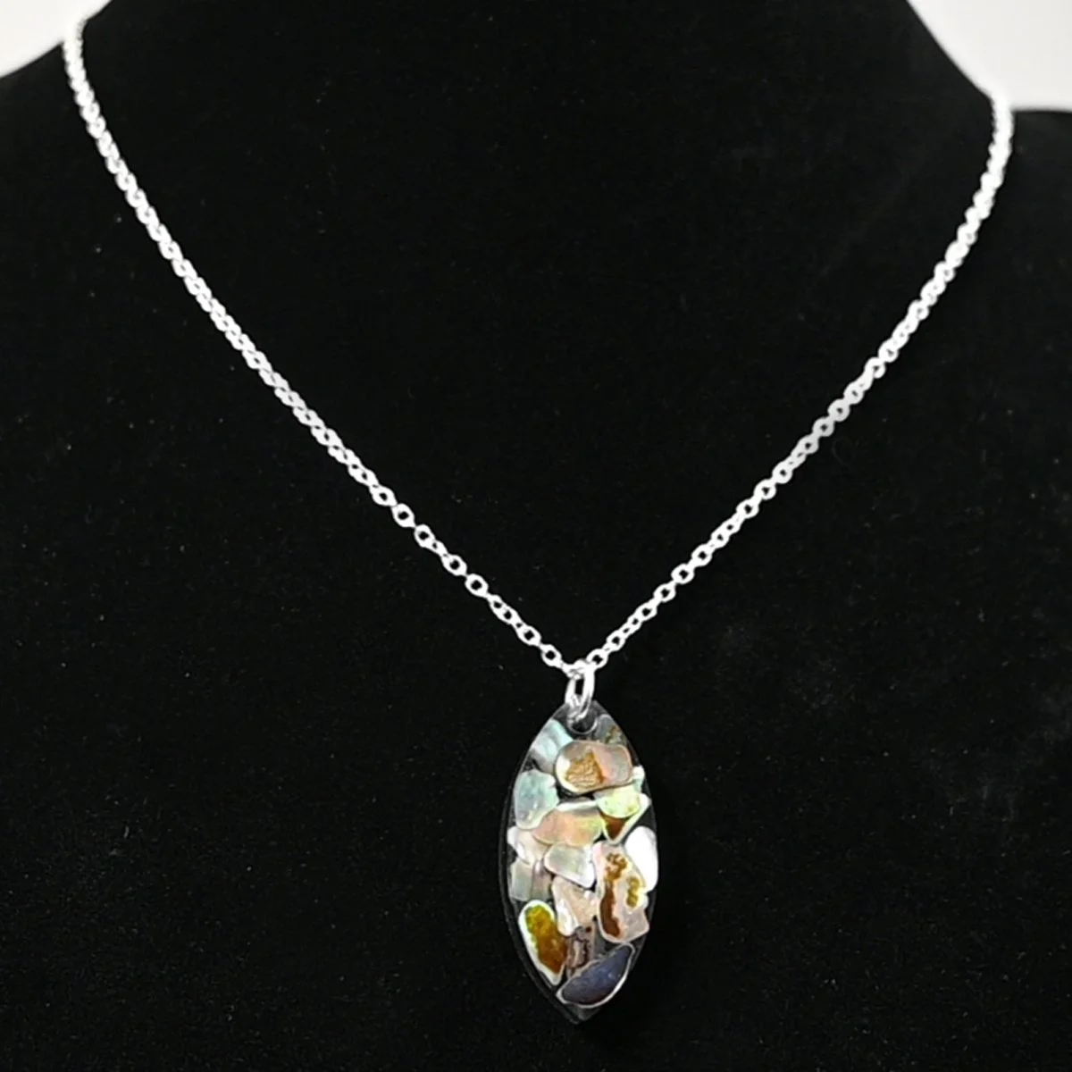 Abalone shell resin pendant necklace, 20", sterling silver plated