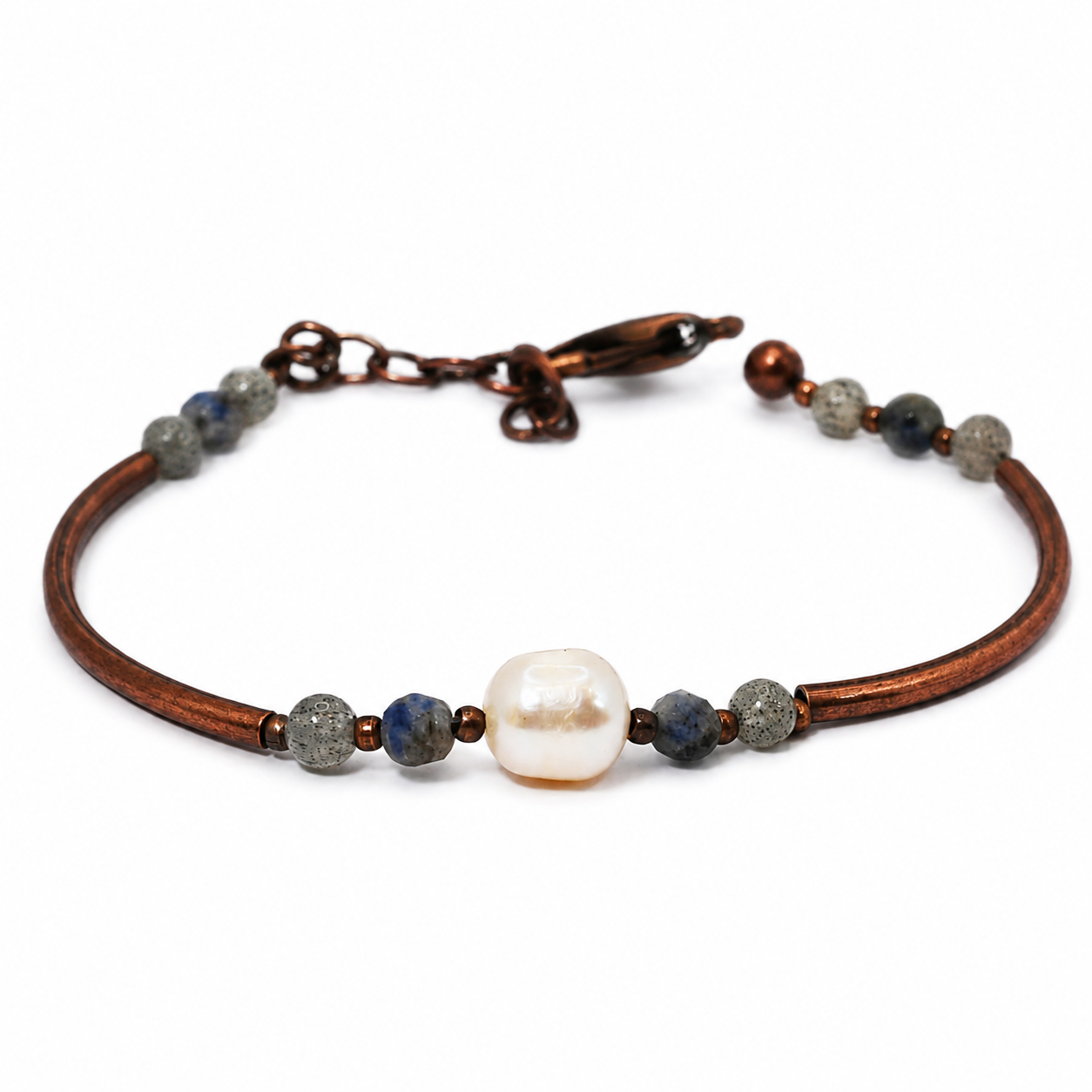 Pearl, blue quartz, and labradorite copper bracelet