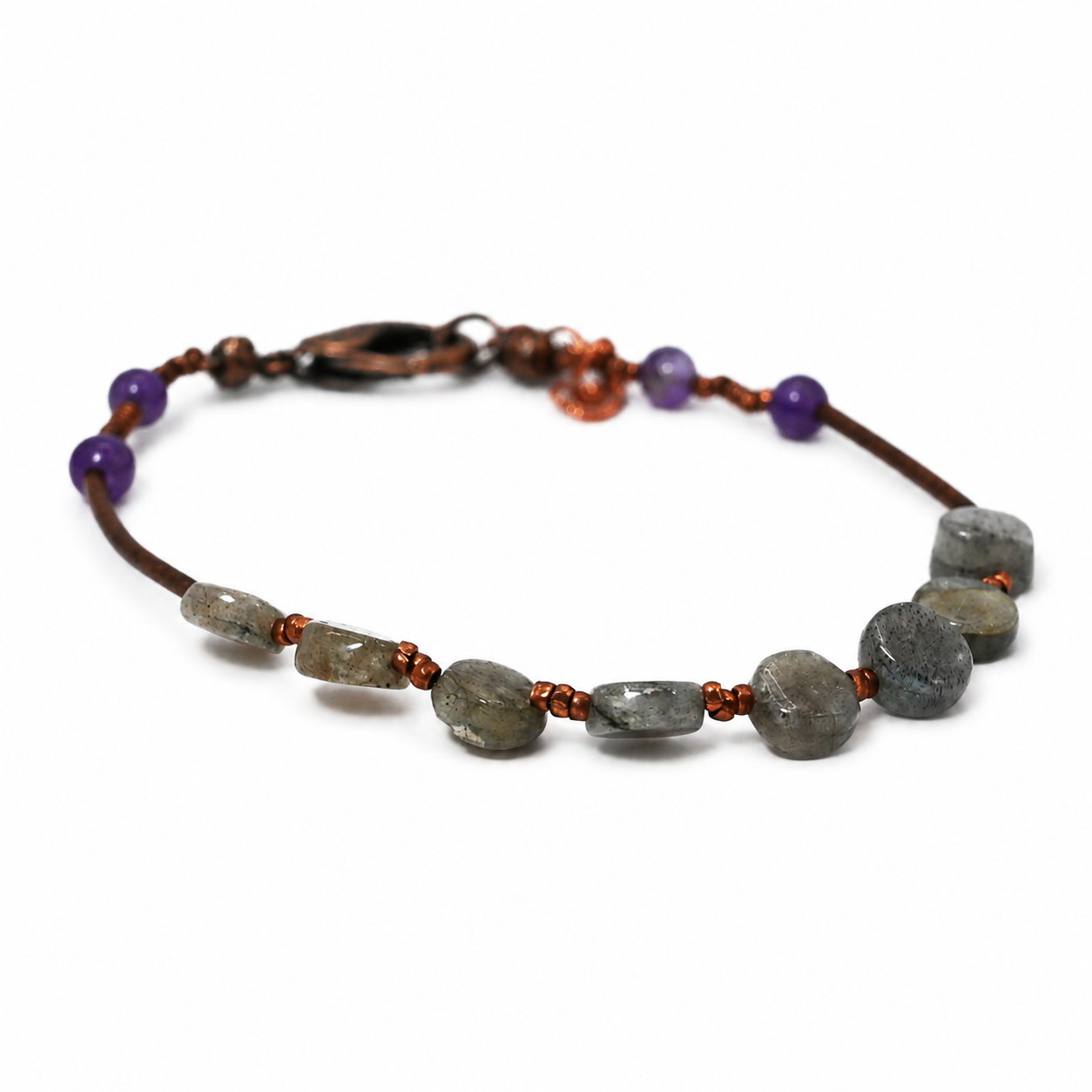 Amethyst and labradorite gemstone copper bracelet
