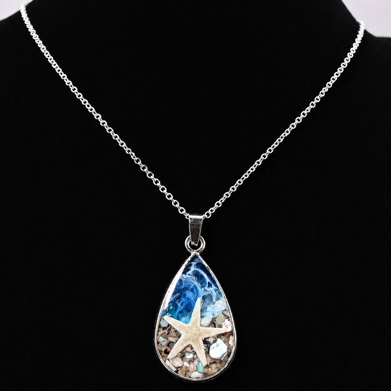 Starfish dream resin beach pendant necklace, SS plated, chain 20"