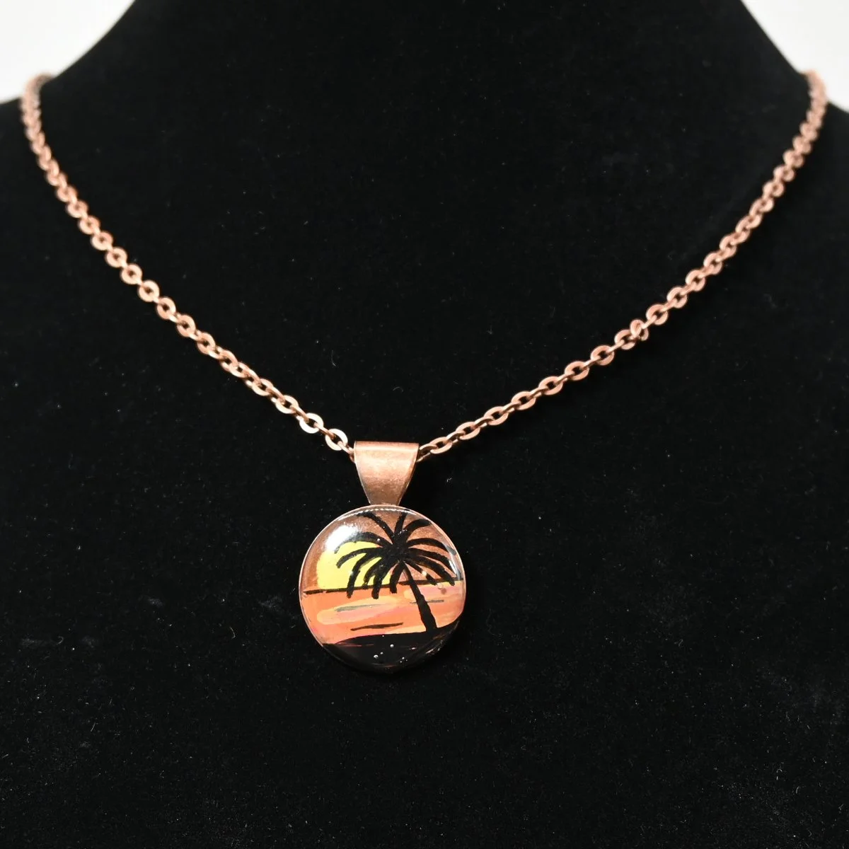 Hand painted resin-sealed copper sunset necklace, 20"