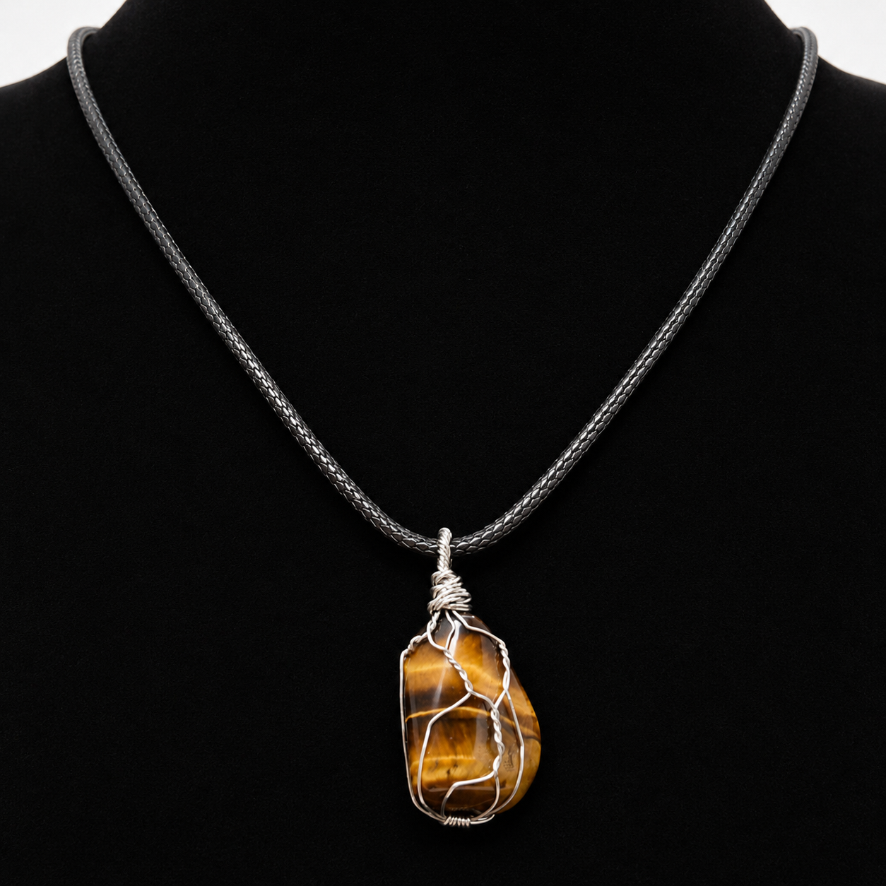 Wire wrapped tigers eye pendant, rope necklace, 20"