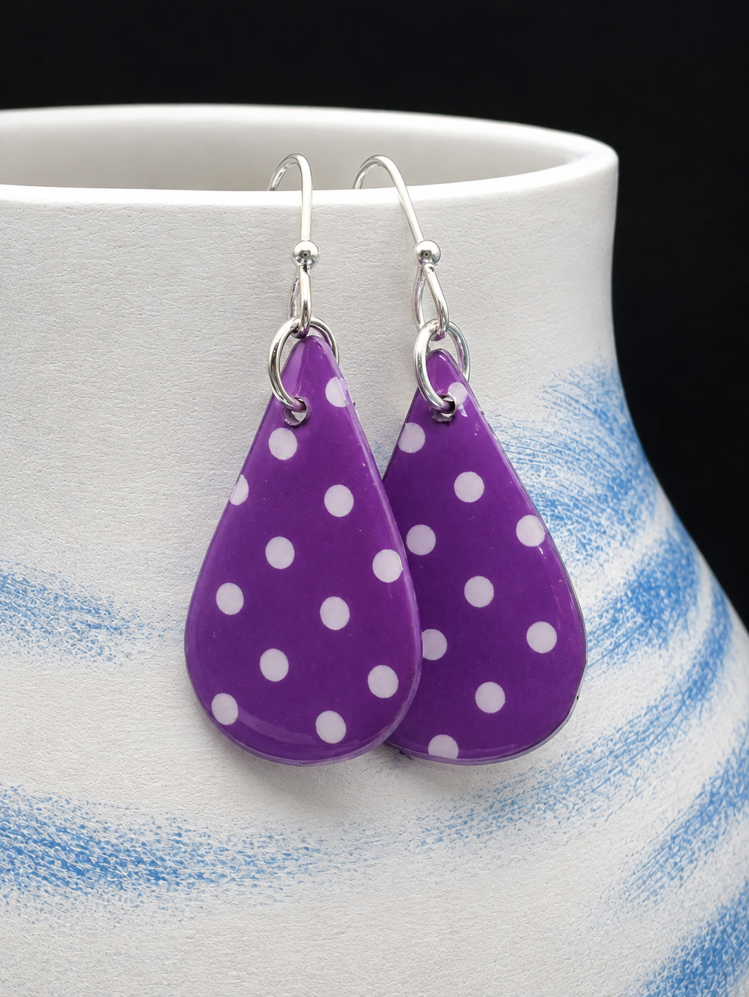 Paper and resin polka dot 1.5" earrings, sterling silver plated