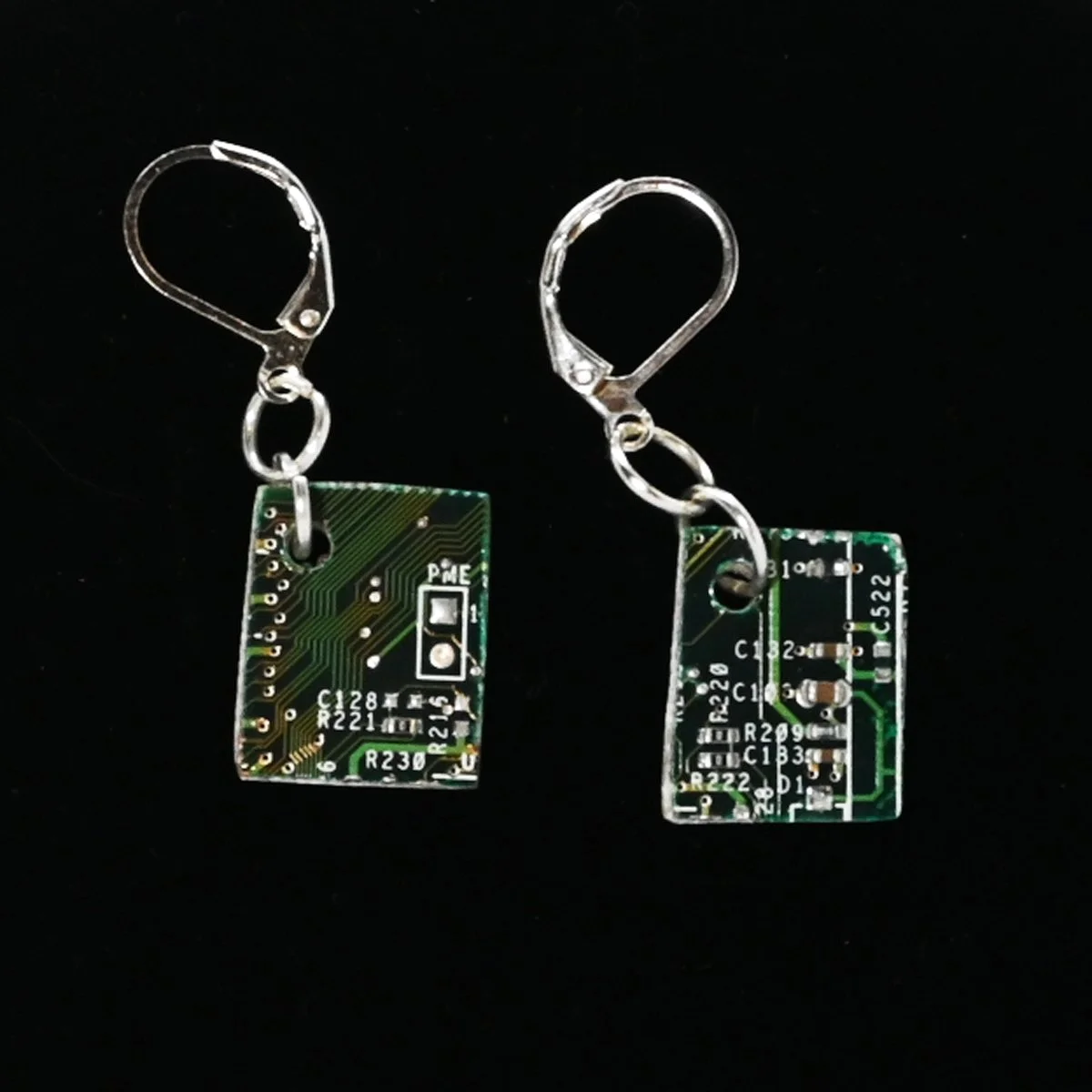 Recycled computer chip earrings. SS plated