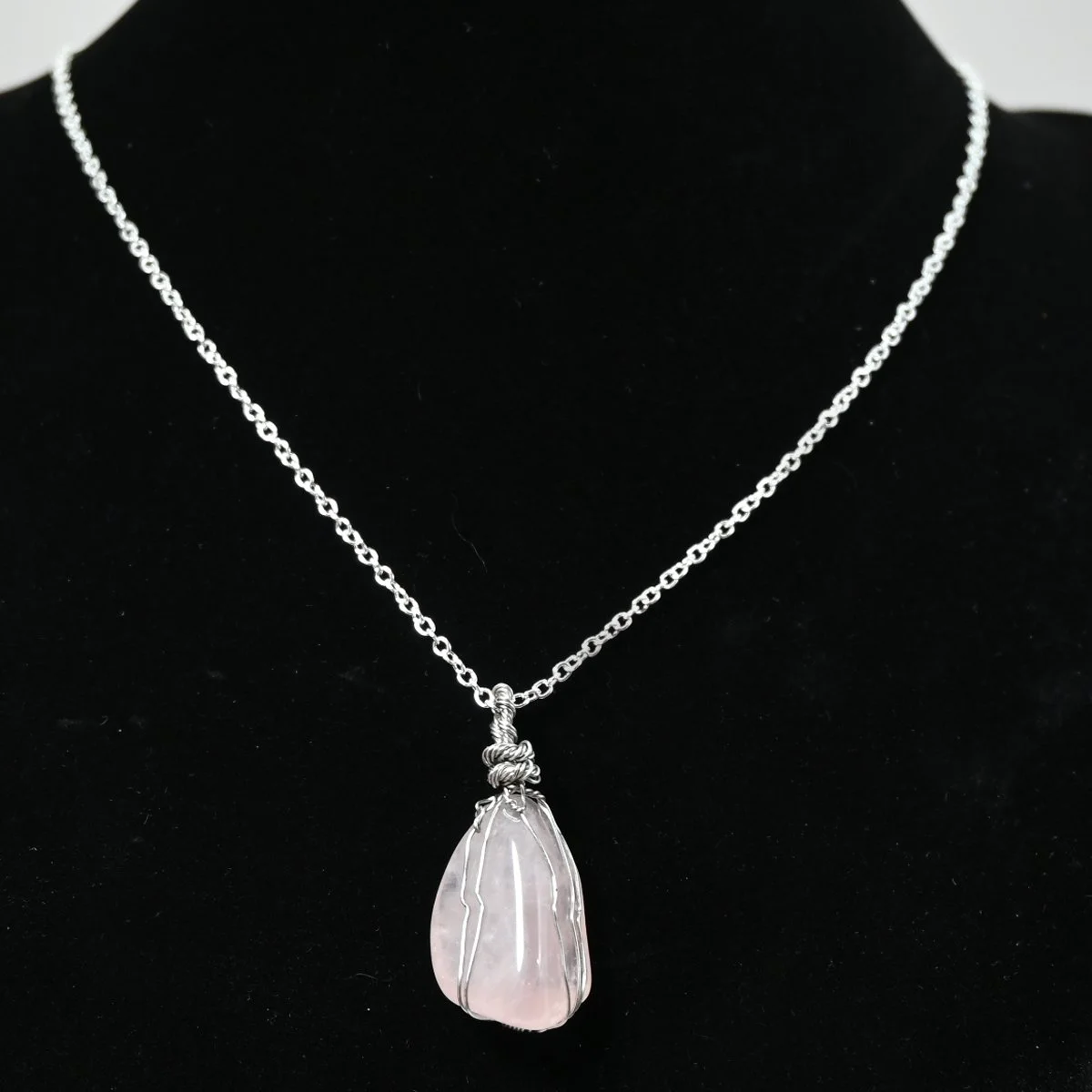 Wire wrapped rose quartz gemstone necklace, SS Plated, 20" chain
