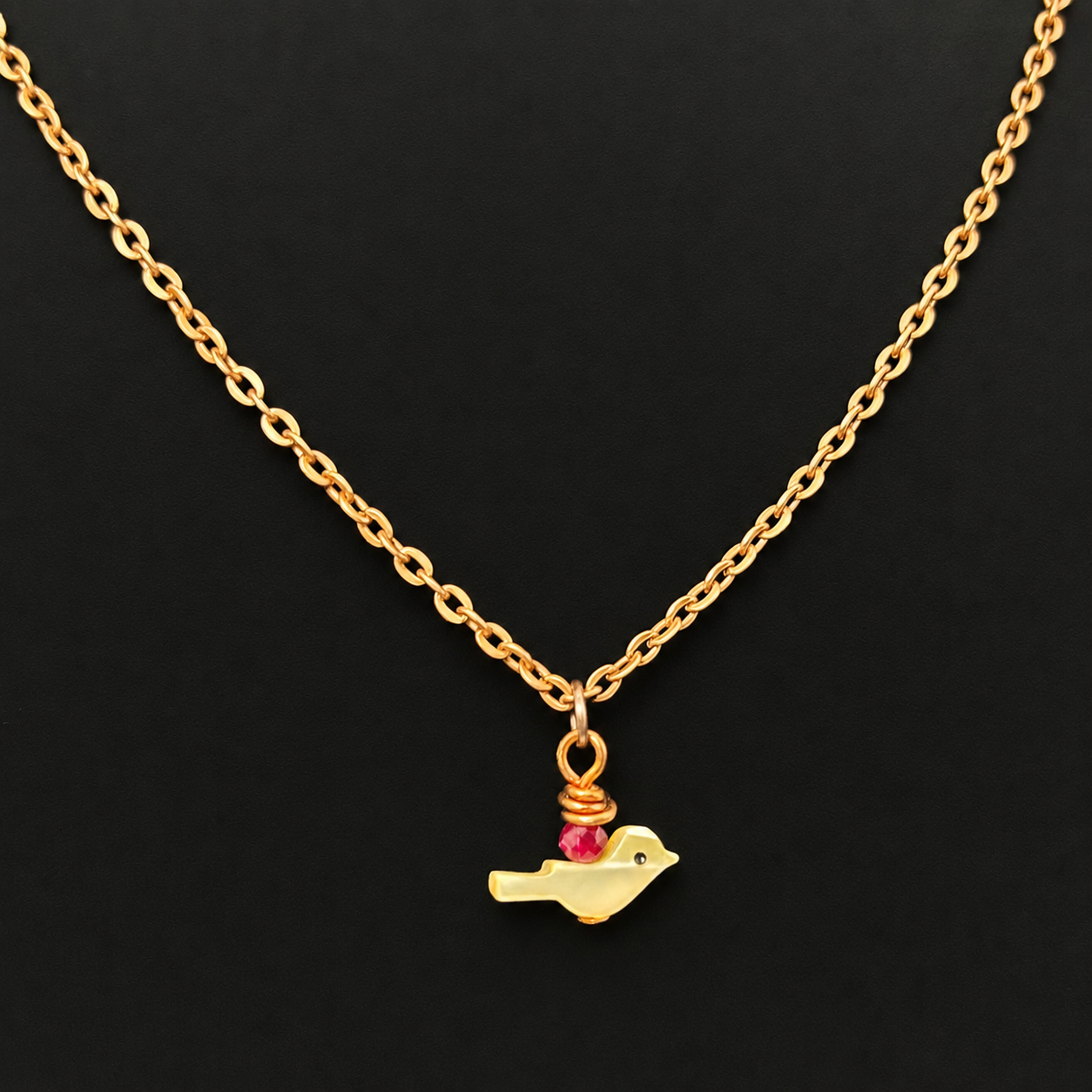 Shell, ruby, copper tiny bird necklace, 20"