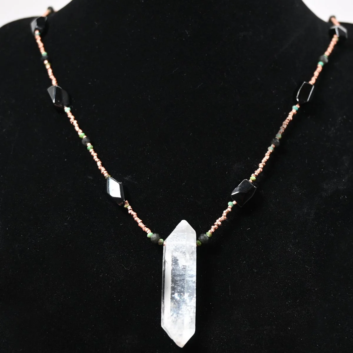 Copper, black spinel, turquoise, rainbow obsidian and tibetan crystal point necklace, 29 inches