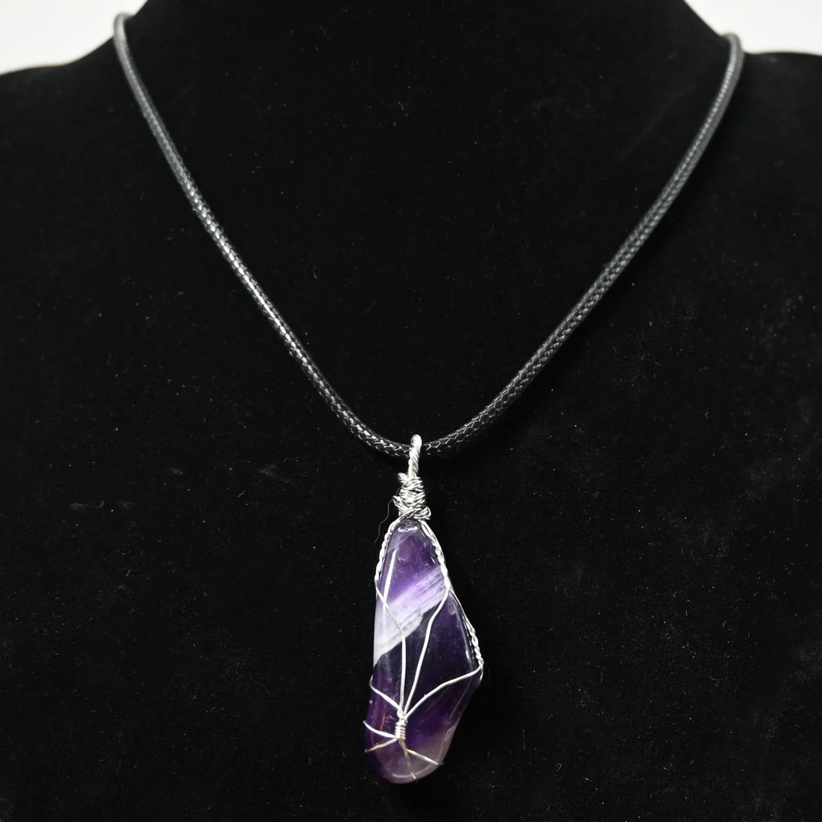 Wire wrapped amethyst gemstone pendant rope necklace, 20"