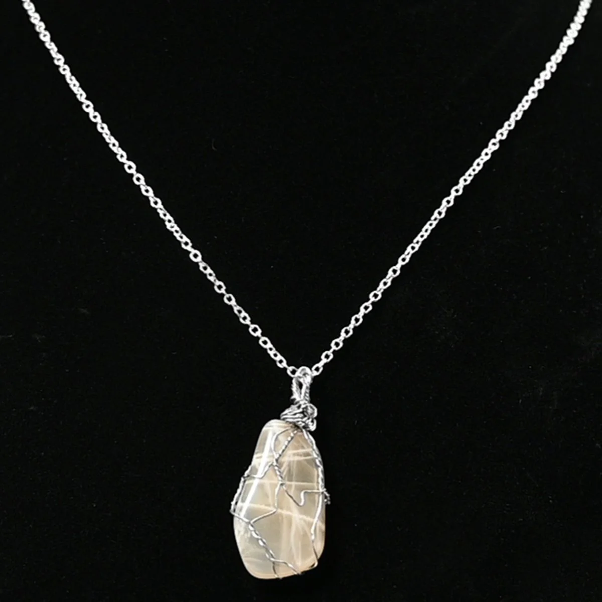 Wire wrapped moonstone, sterling silver plated, 20" chain