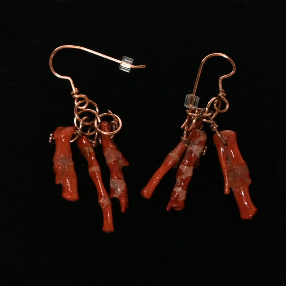 Red coral and copper dangle earrings