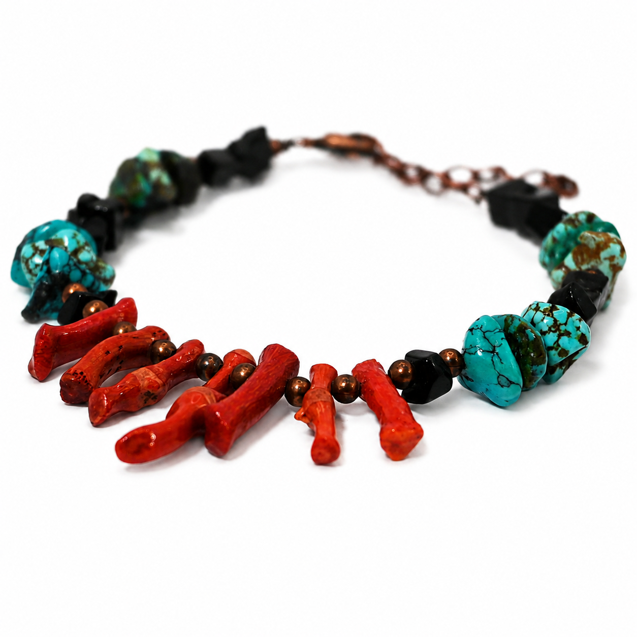 Turquoise, jasper, and red coral copper bracelet