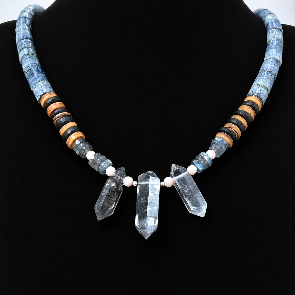 Blue denim coral, wood, labradorite, pink coral, and tibetan crystal point necklace, sterling silver plated, 21 inches