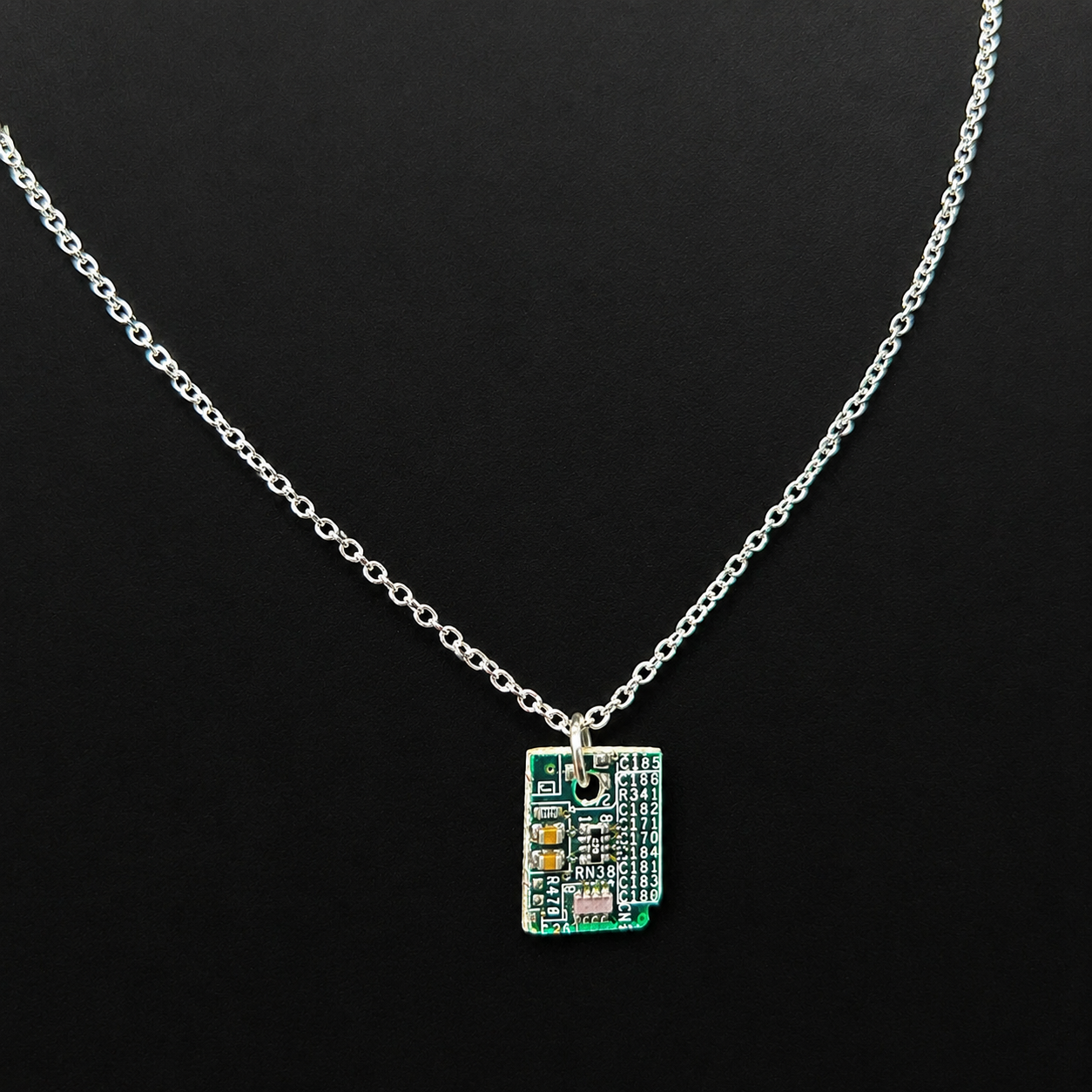 Recycled computer chip pendant charm necklace, chain 20", SS plated