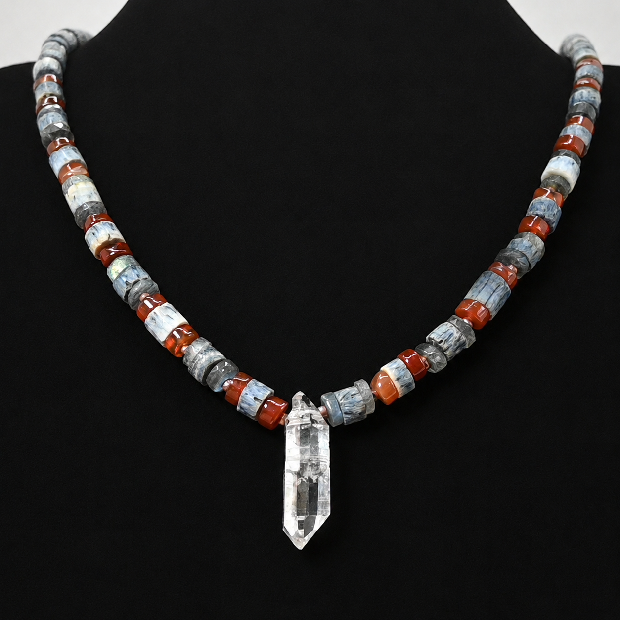 Blue denim coral, copper, carnelian, labradorite, and tibetan crystal point necklace, 24 inches