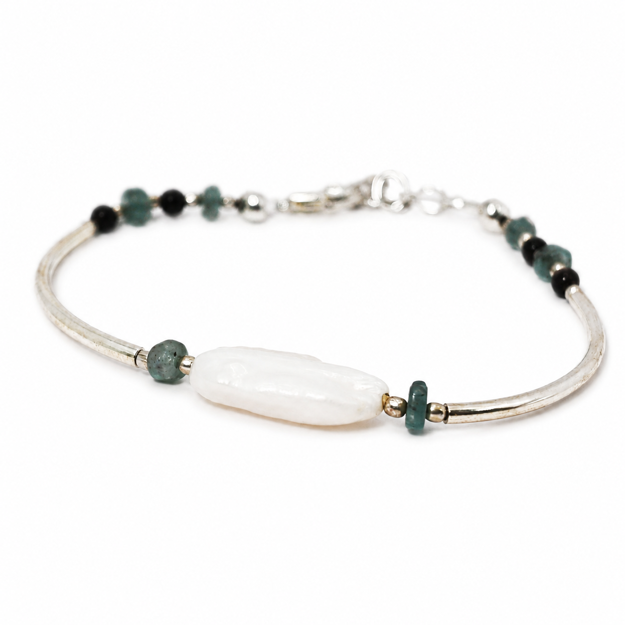 Freshwater pearl, blue topaz and garnet sterling silver plated bracelet