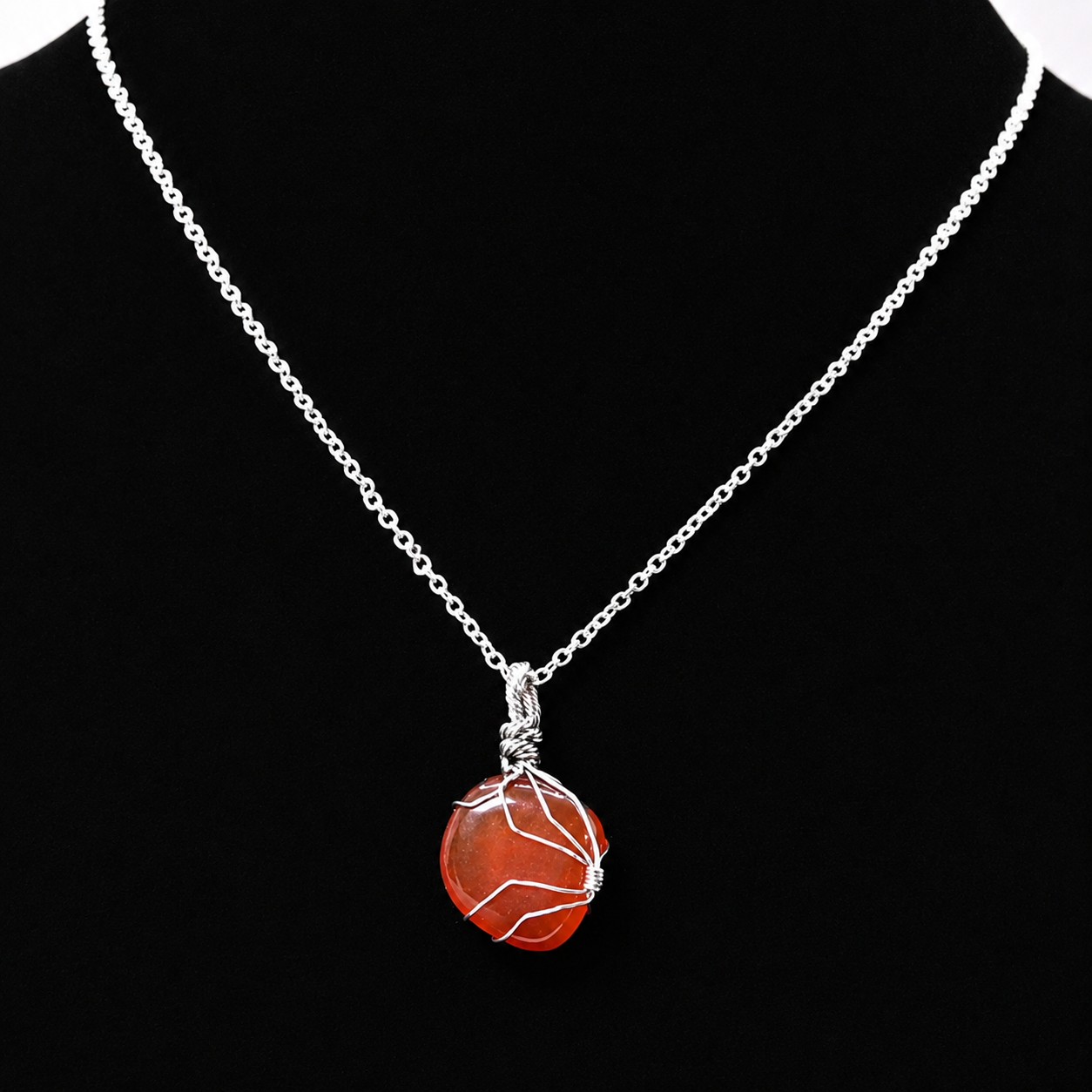 Wire wrapped carnelian gemstone necklace, sterling silver plated, 20"