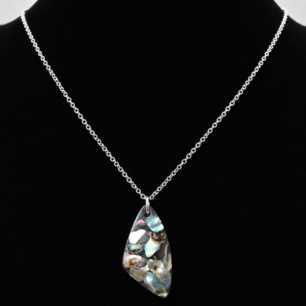 Abalone shell resin pendant necklace, 20", sterling silver plated