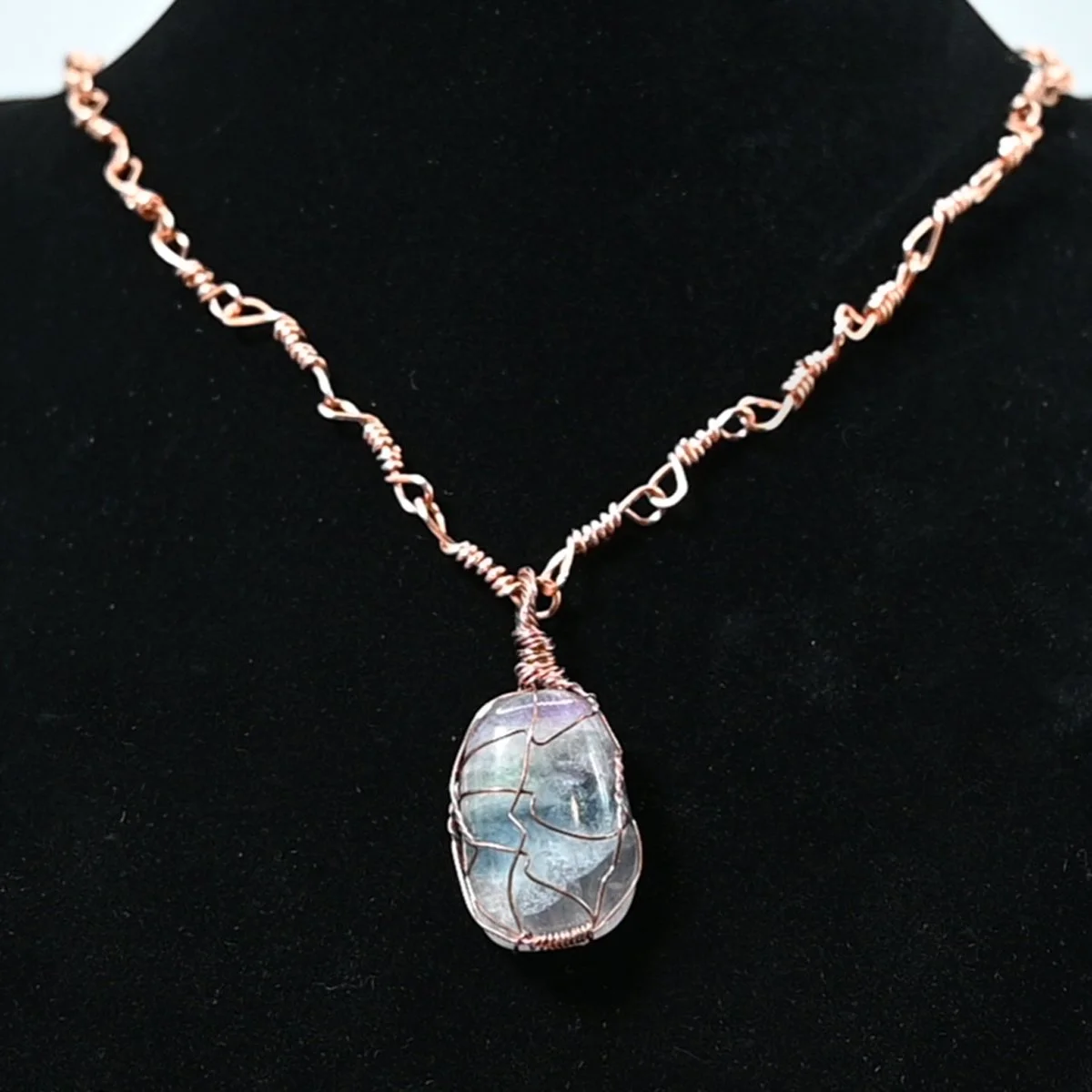 Wire wrapped fluorite copper necklace (hand made chain), tarnish resistant, 19 inches