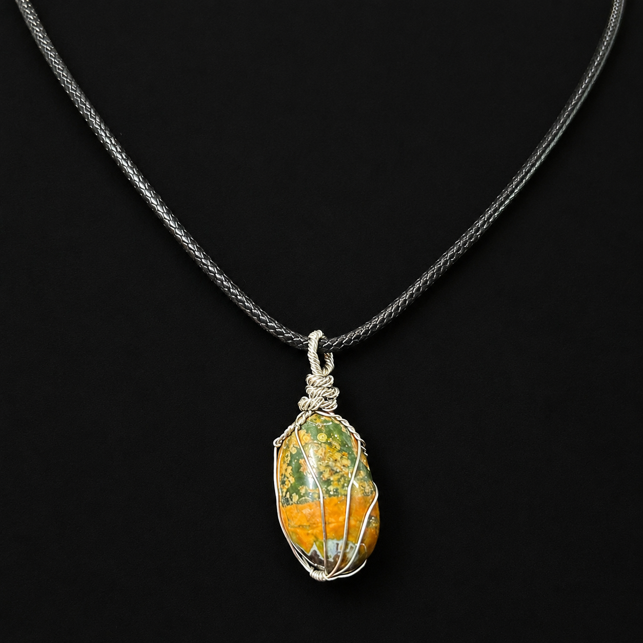 Wire-wrapped rainforest rhyolite gemstone rope necklace, 20"