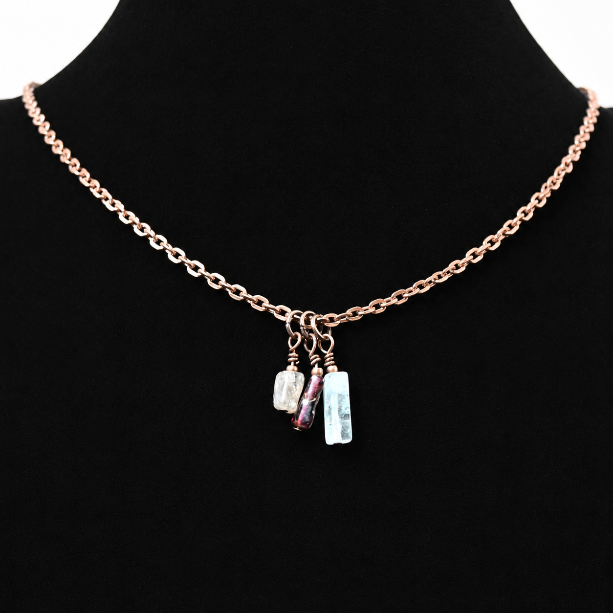 Aquamarine, garnet and labradorite copper necklace, 20”