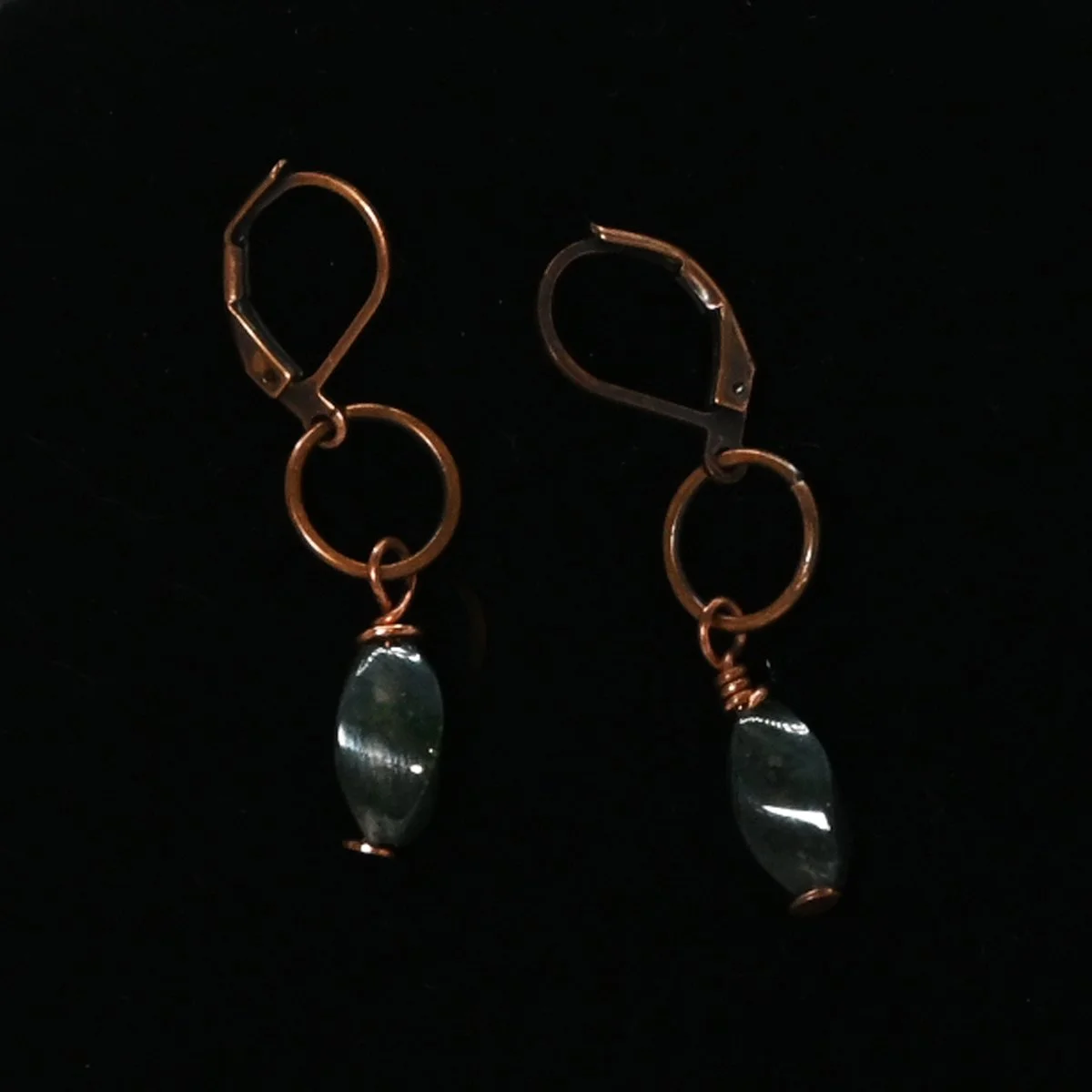 Moss agate and copper earrings