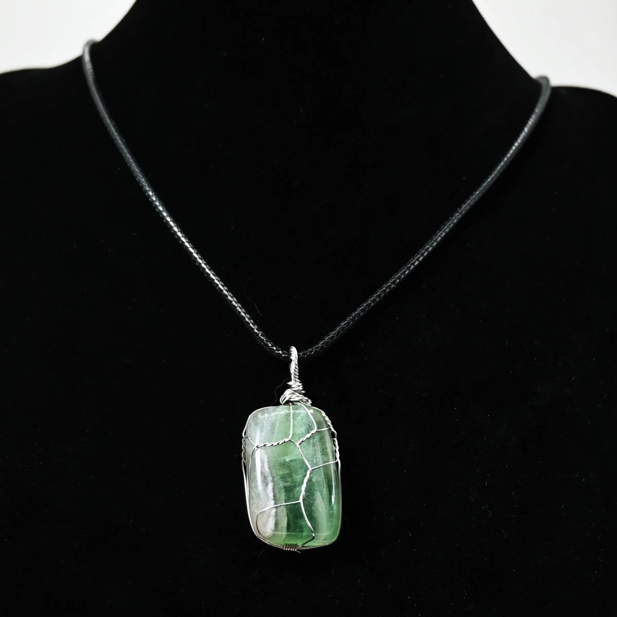 Wire wrapped fluorite gemstone pendant rope necklace, 20"