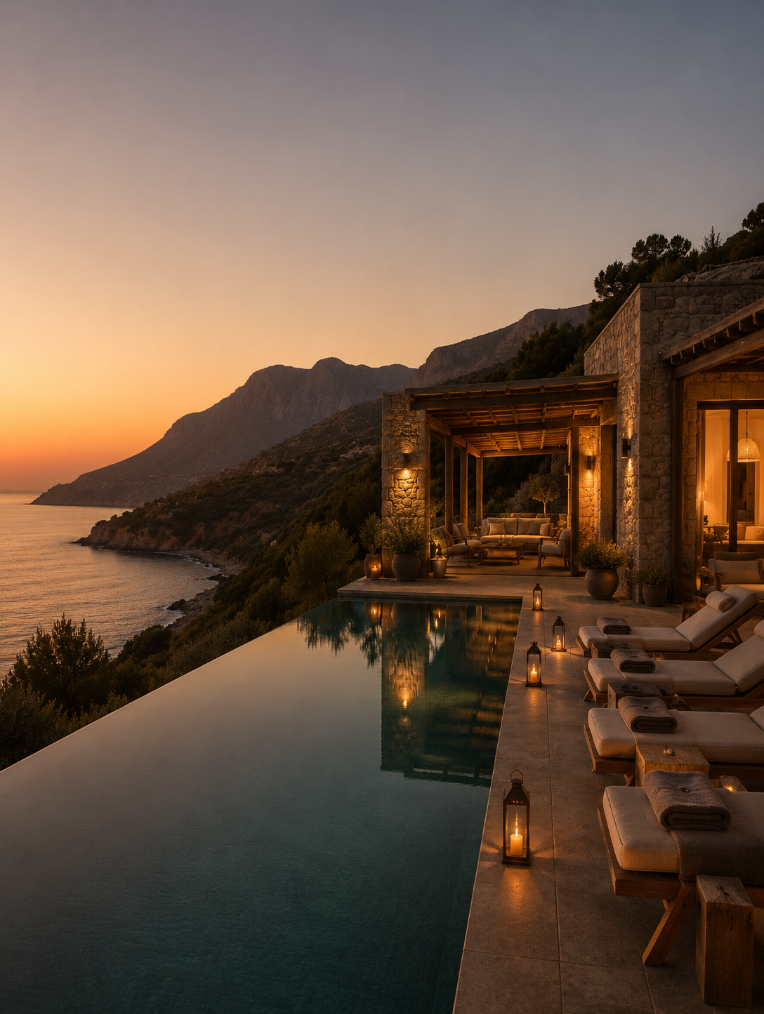 Luxury outdoor infinity pool overlooking mountains and ocean during sunset with illuminated lounge chairs and lanterns.