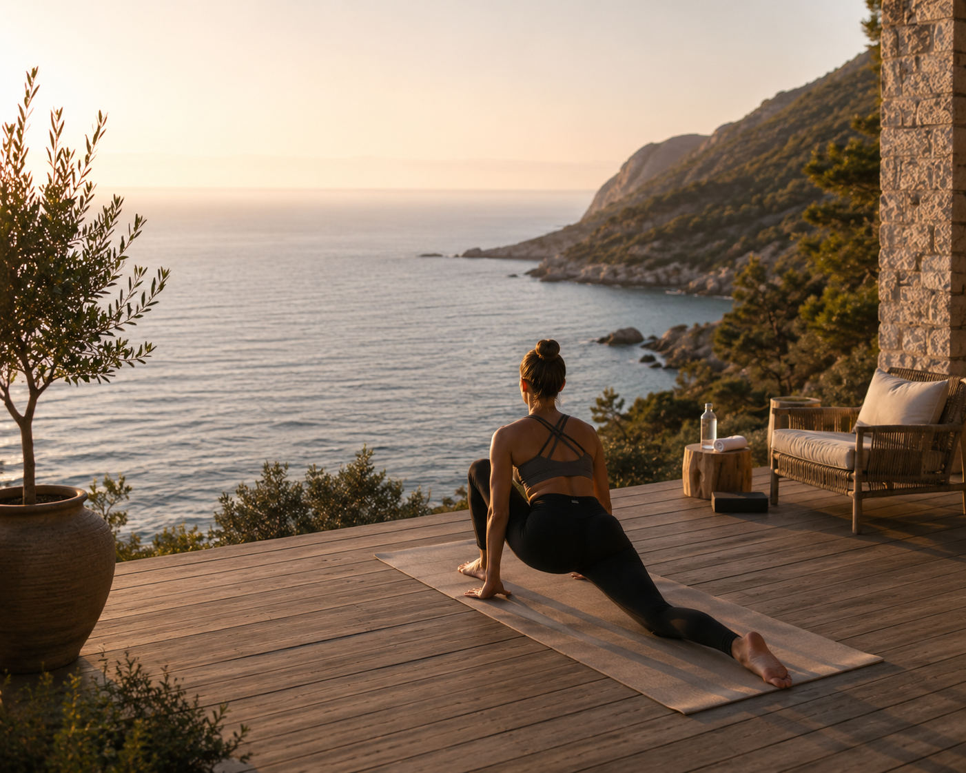 A woman practicing yoga on a wooden deck overlooking the ocean at sunset, with mountains in the background and a sitting area with a sofa and a side table.