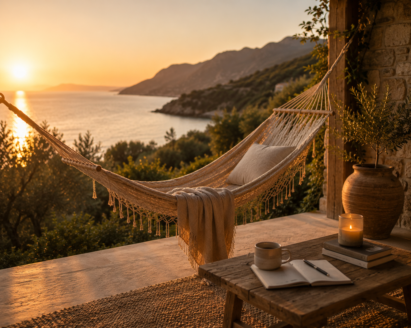 Hammock hanging on a porch overlooking a sunset over the ocean, with a small table holding a candle, books, a mug, and an open notebook with a pen.