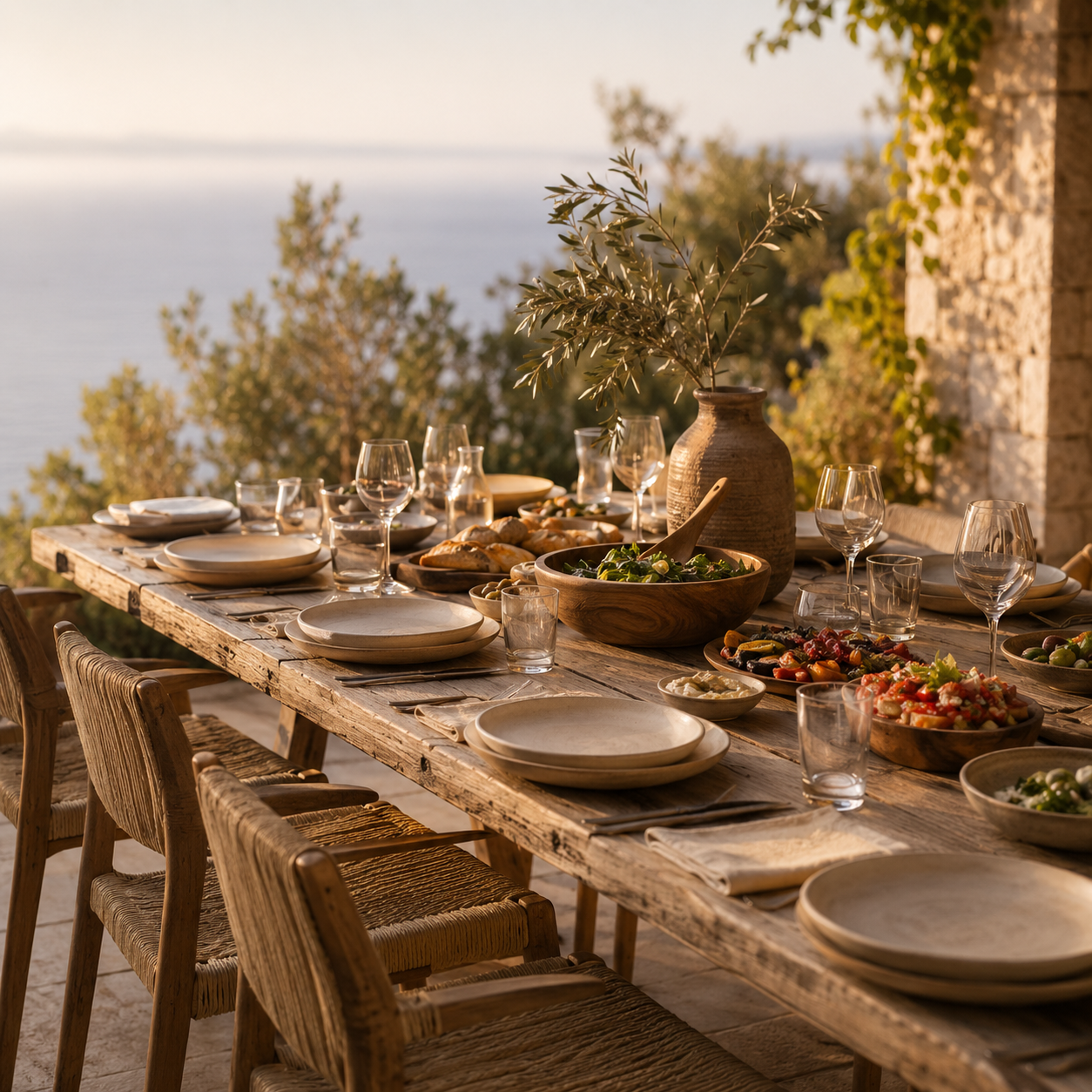 Outdoor dining table set for dinner with plates, glasses, and a variety of salads and appetizers, overlooking a scenic view of trees and water during sunset.