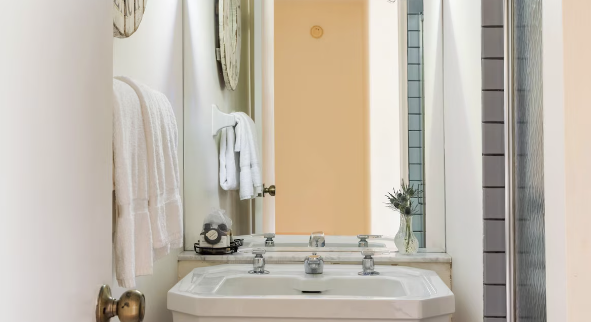 Bathroom sink with a mirror, white towels on a rack, a small vase with greenery, and a pink door reflection in the mirror