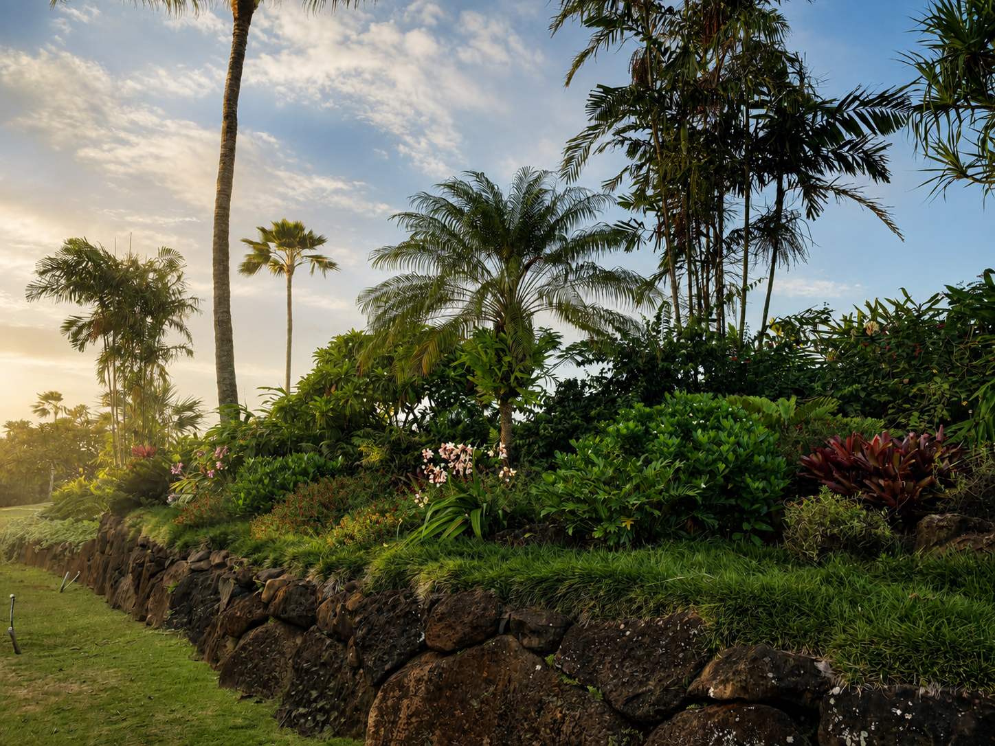 Kauai landscape and design showcasing rock wall dry stacking and garden beds