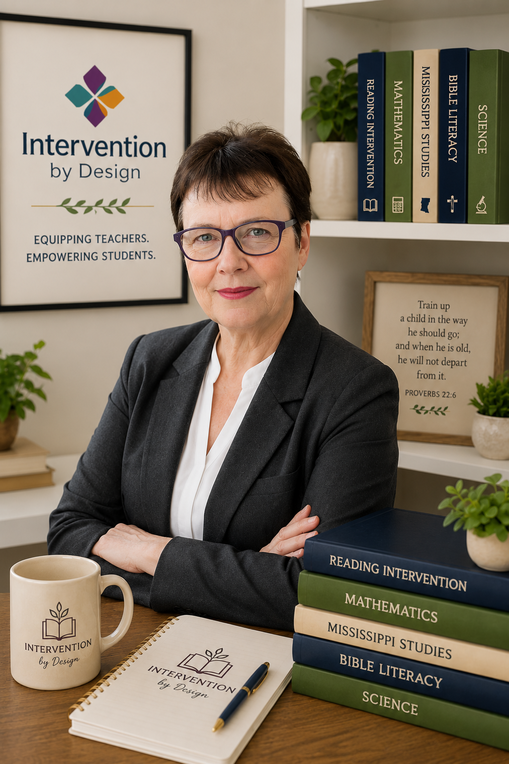 A professional woman with short dark hair and glasses sits at a desk with her arms crossed. Behind her is a bookshelf with textbooks on various subjects and a framed quote. A mug, notebook, and a pen are on the desk, all branded with "Intervention by Design."