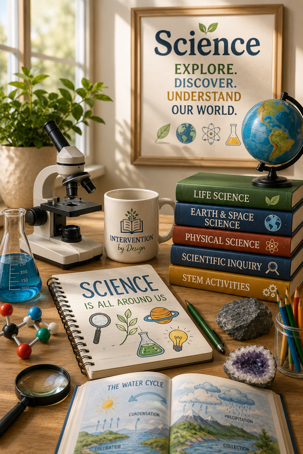 A science-themed desk setup with a microscope, beaker of blue liquid, books on life science, earth and space science, physical science, scientific inquiry, and STEM activities, a globe, a mug reading 'Intervention by Design,' a notebook with 'Science is All Around Us,' a book about the water cycle, colorful pencils, rocks, crystals, and a poster on the wall with science exploration quotes.