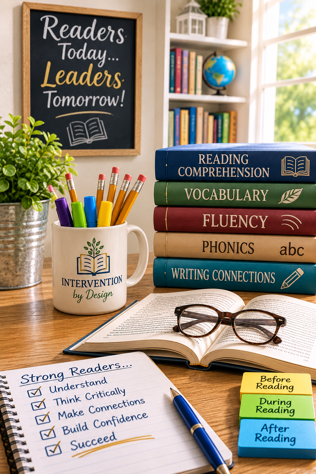 A desk with educational materials including books on reading comprehension, vocabulary, fluency, phonics, and writing connections; a mug labeled "Intervention by Design" filled with colored pens; an open book with glasses on it; flashcards labeled 'Before Reading,' 'During Reading,' and 'After Reading;' a notebook titled "Strong Readers" with a checklist; a potted plant; and a chalkboard sign that reads 'Readers Today... Leaders Tomorrow!'