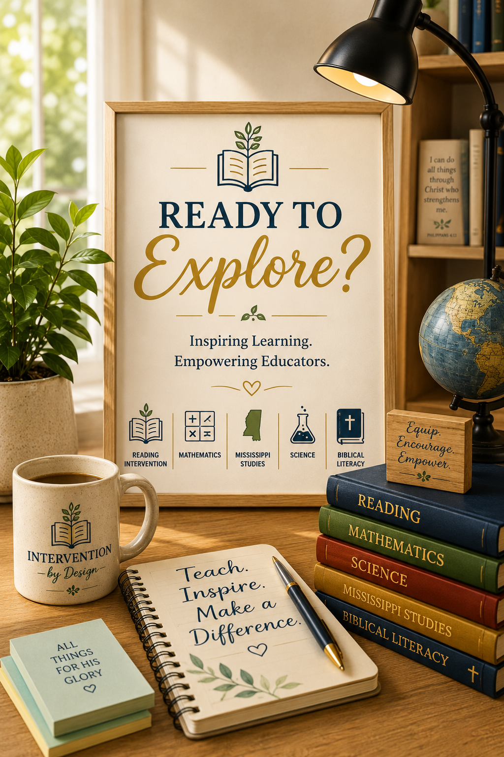 Educational display with books, a mug, and a framed poster reading "Ready to Explore?" with themes of learning and empowerment, including subjects like reading, math, Mississippi studies, science, and biblical literacy.