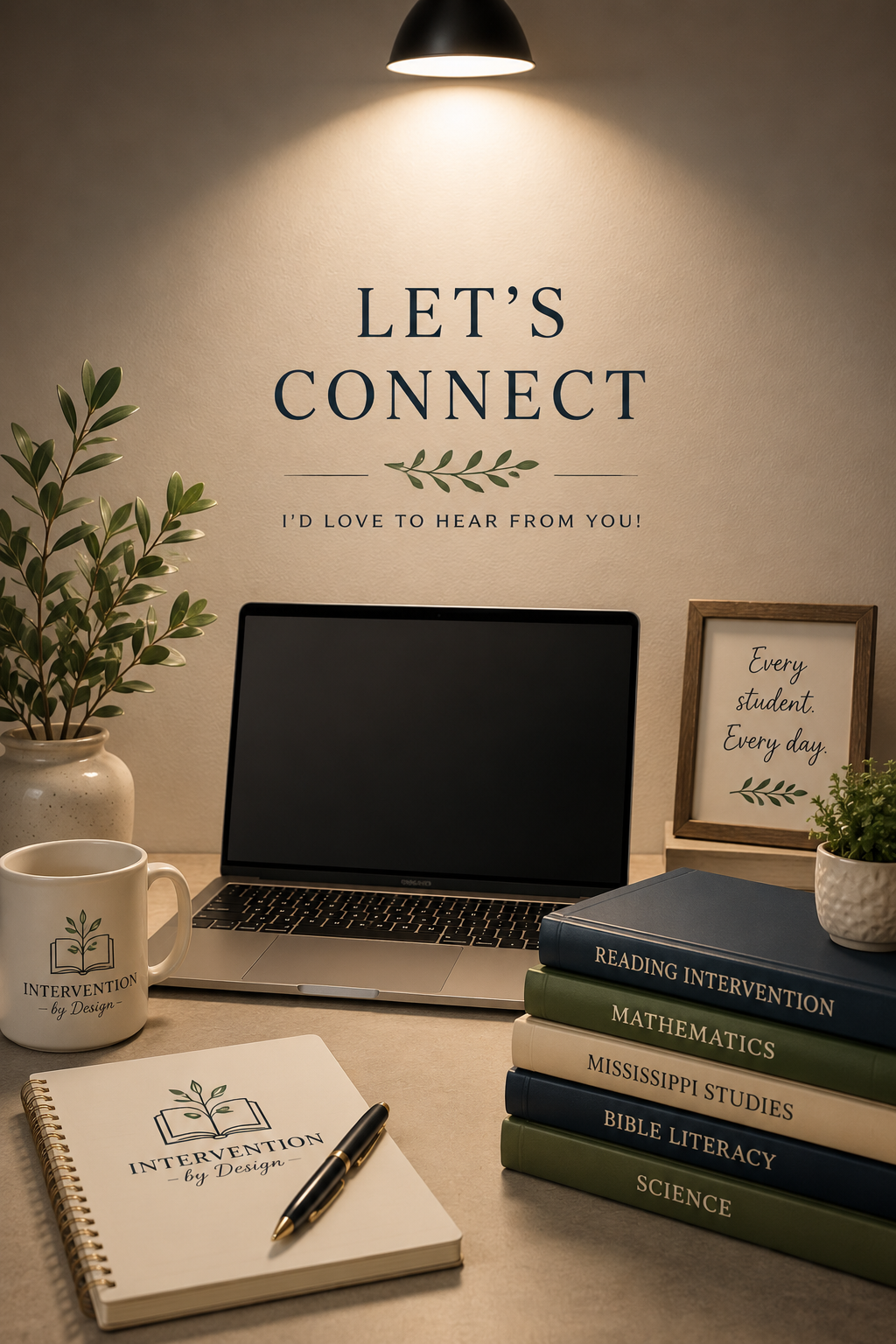 A workspace with a wall sign that says 'Let's connect, I'd love to hear from you!' A laptop, a stack of books on reading intervention, mathematics, Mississippi studies, bible literacy, and science, a notebook with the same logo and a pen, a coffee mug, and potted plants, all illuminated by a ceiling light.