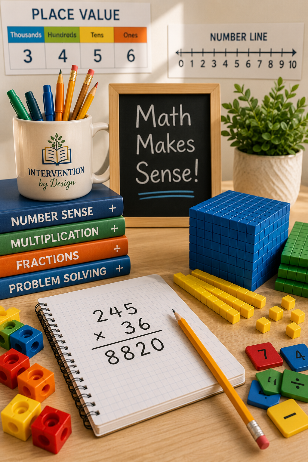 A classroom desk setup with educational materials, including a notebook with multiplication problem, colorful math blocks, books on math concepts, a mug with colored markers, a chalkboard sign saying "Math Makes Sense!", and posters on the wall about place value and number line.
