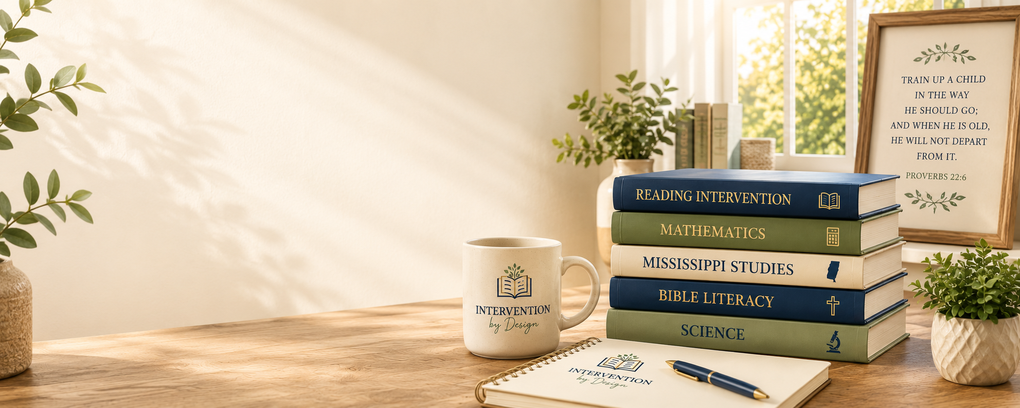 Stack of six books on a wooden table with a white mug, a notepad, and pen; framed quote on the wall with greenery around.
