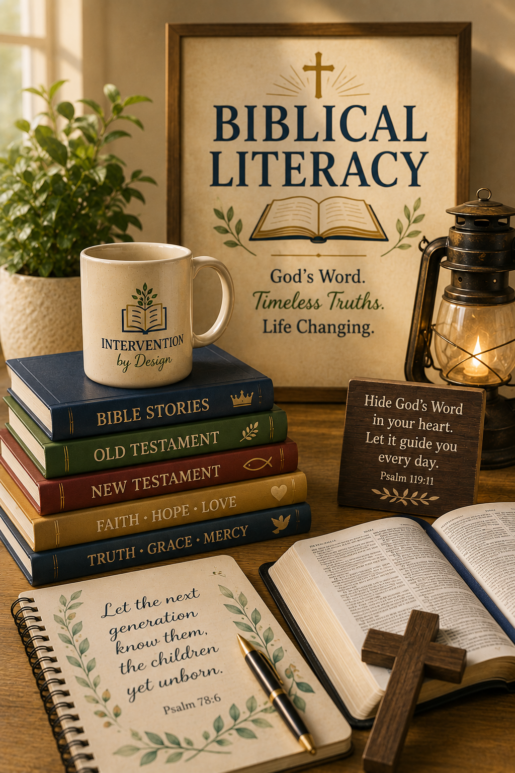 A collection of religious books, a ceramic mug with a Bible design, a small sign with a Bible verse, a book opened to Psalm 78:6, a cross, a lantern, and a framed poster about biblical literacy on a wooden table with a potted plant in the background.