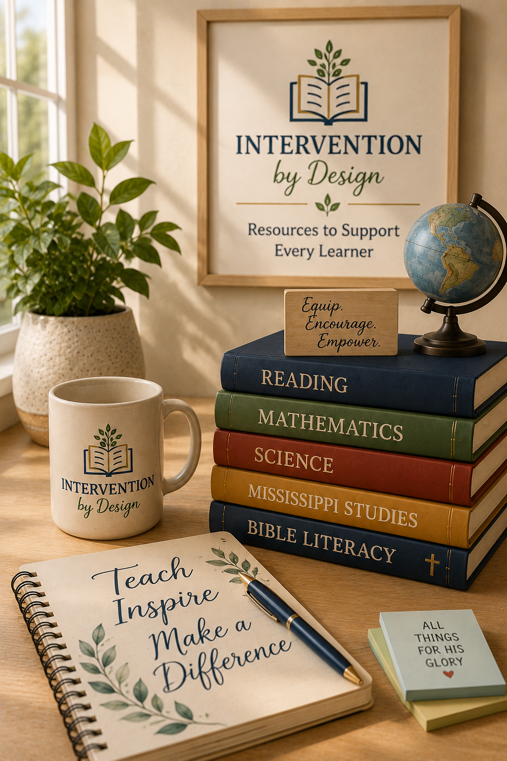 Educational workspace with a framed poster reading 'Intervention by Design, Resources to Support Every Learner,' a potted plant, a coffee mug with the same message, a globe, a stack of colorful textbooks on reading, mathematics, science, Mississippi studies, and Bible literacy, a notebook with the message 'Teach Inspire Make a Difference,' a pen, and a small stack of notes with the phrase 'All things for his glory.'
