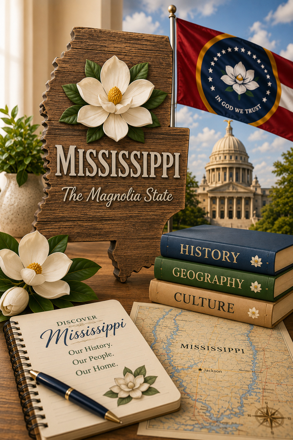 Mississippi state-themed display with a wooden sign, Magnolia flowers, a Mississippi map, and books on history, geography, and culture, with the Mississippi State flag and capitol building in the background.