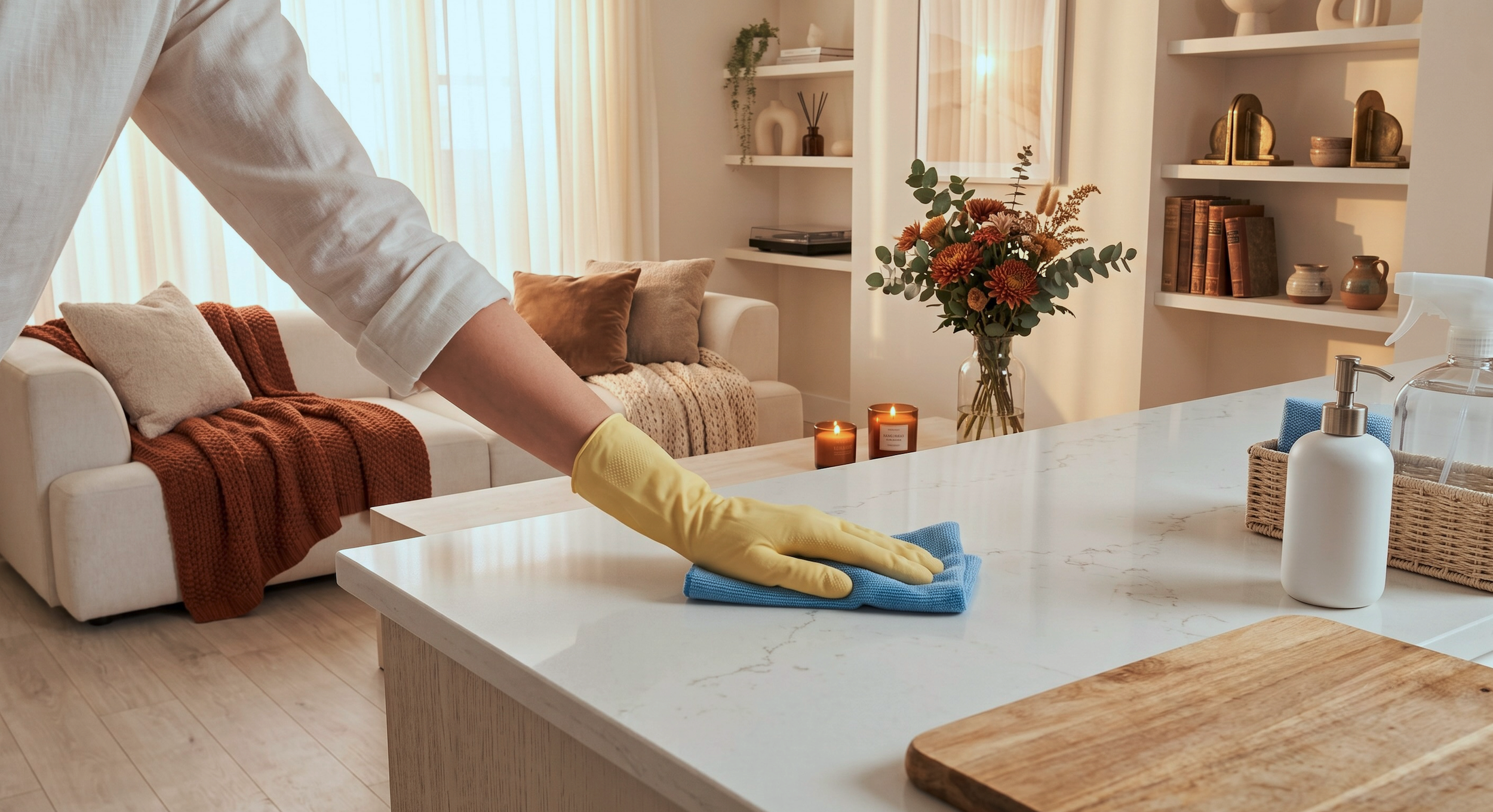 A person wearing yellow rubber gloves cleaning a white marble kitchen island with a blue cloth in a cozy living room with beige and brown decor, candles, a glass vase of flowers, and built-in shelves with decorative items.