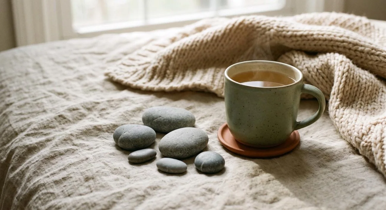 A cup of tea on a saucer next to smooth stones on a bed with a knitted blanket and a window in the background.
