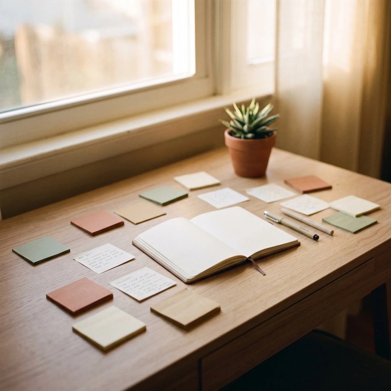 A wooden desk near a window with a potted succulent plant, an open notebook, various colored sticky notes, handwritten notes, and two pens.