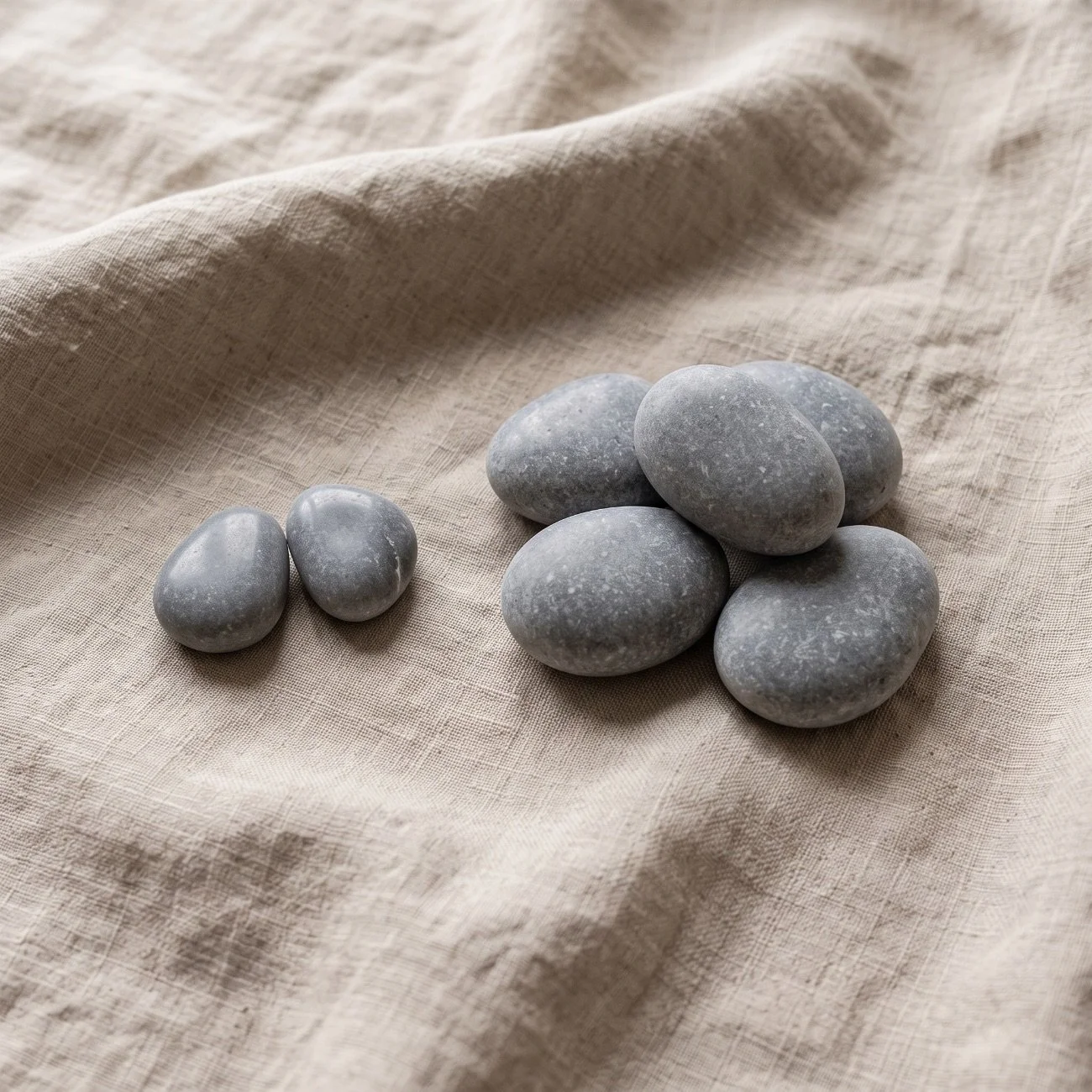 A group of smooth, gray stones on a beige fabric surface.